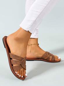 Ximi Ruo 韓式休閒平底拖鞋女鞋 夏季戶外露趾涼鞋 春/夏新款 編織羅馬式夏季涼鞋 度假必備 棕色 - 棕色 - 查看 3