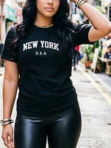 Women's Casual White Tops, Cotton T-Shirt With "California 1991" Print In Black Letters, Versatile Blouse For Spring/Summer 2026 For Any Occasion - 黑色 - 查看 2