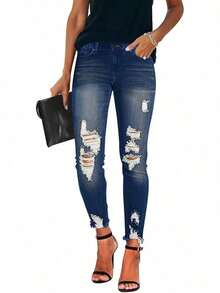Women's Jeans Butt Lift Comfy Stretchy Ripped Skinny Mid Waist Destroyed Denim Pants (Pack Of 2) - Dark Blue and Blue - View 1