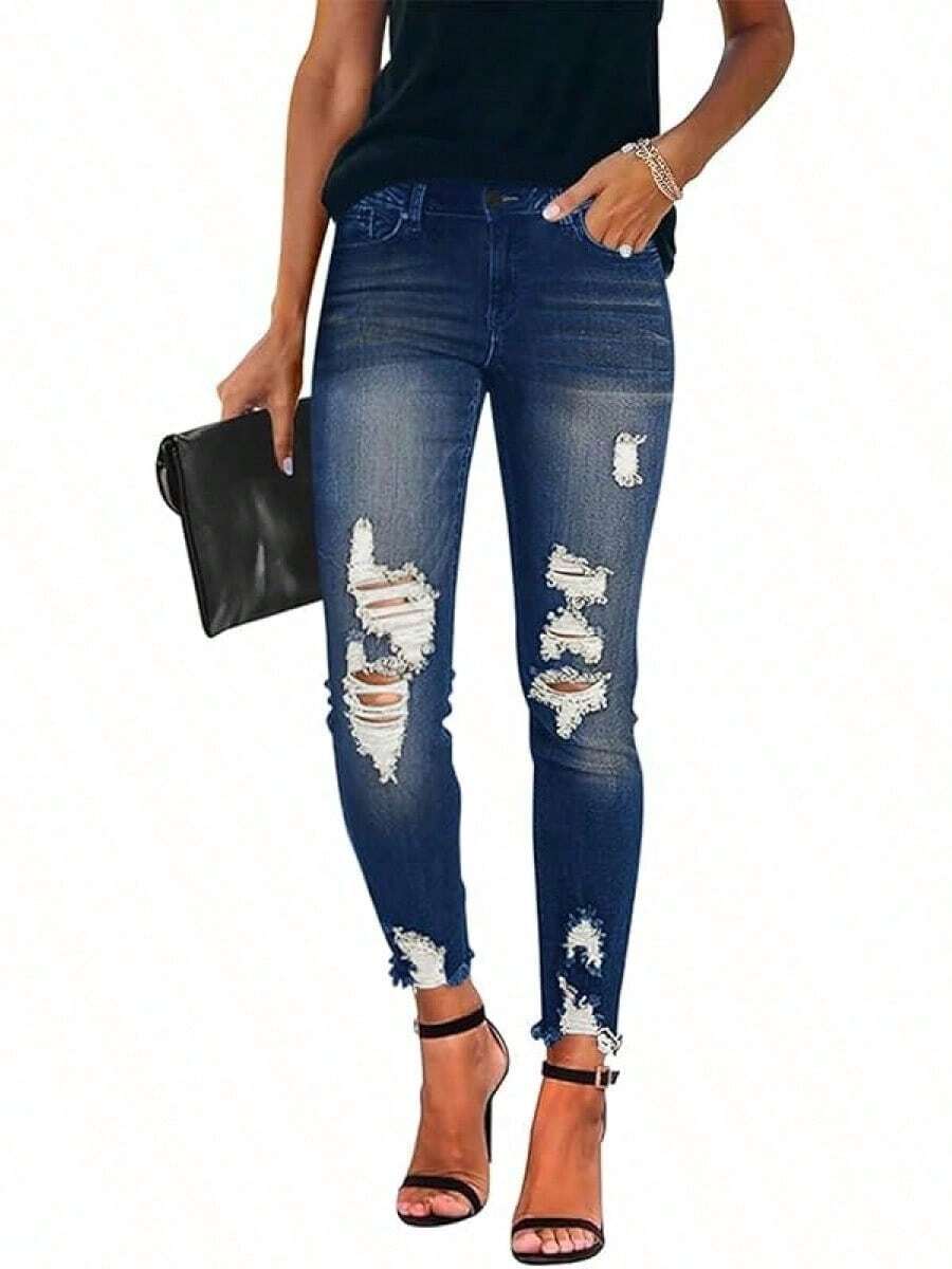 Women's Jeans Butt Lift Comfy Stretchy Ripped Skinny Mid Waist Destroyed Denim Pants (Pack Of 2) - Dark Blue and Blue - View 1
