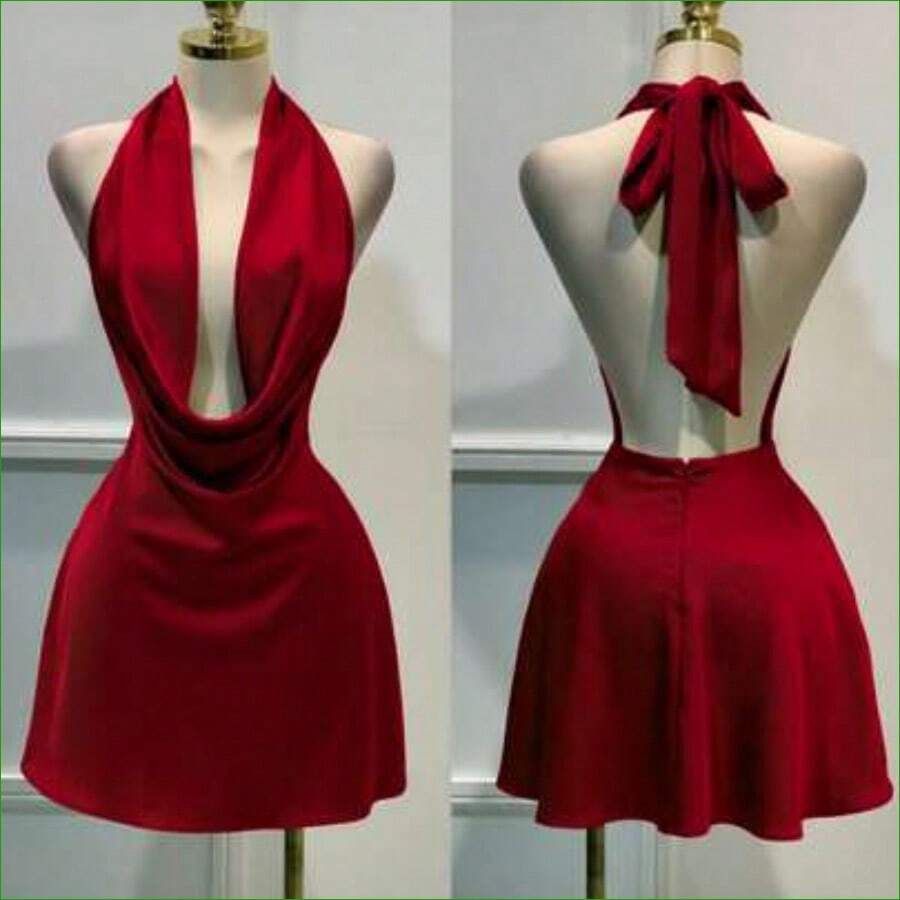 1 pieza Vestido corto de satén de unicolor y espalda descubierta, vestido de playa, vestido mini elegante para mujer, vestido casual elegante, vestido fluido, vestido corto de verano - Burdeos - Ver 1