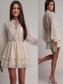 Vestido corto de verano de unicolor, elegante, con volantes en el bajo, para uso casual, citas o vacaciones - Albaricoque - Ver 1