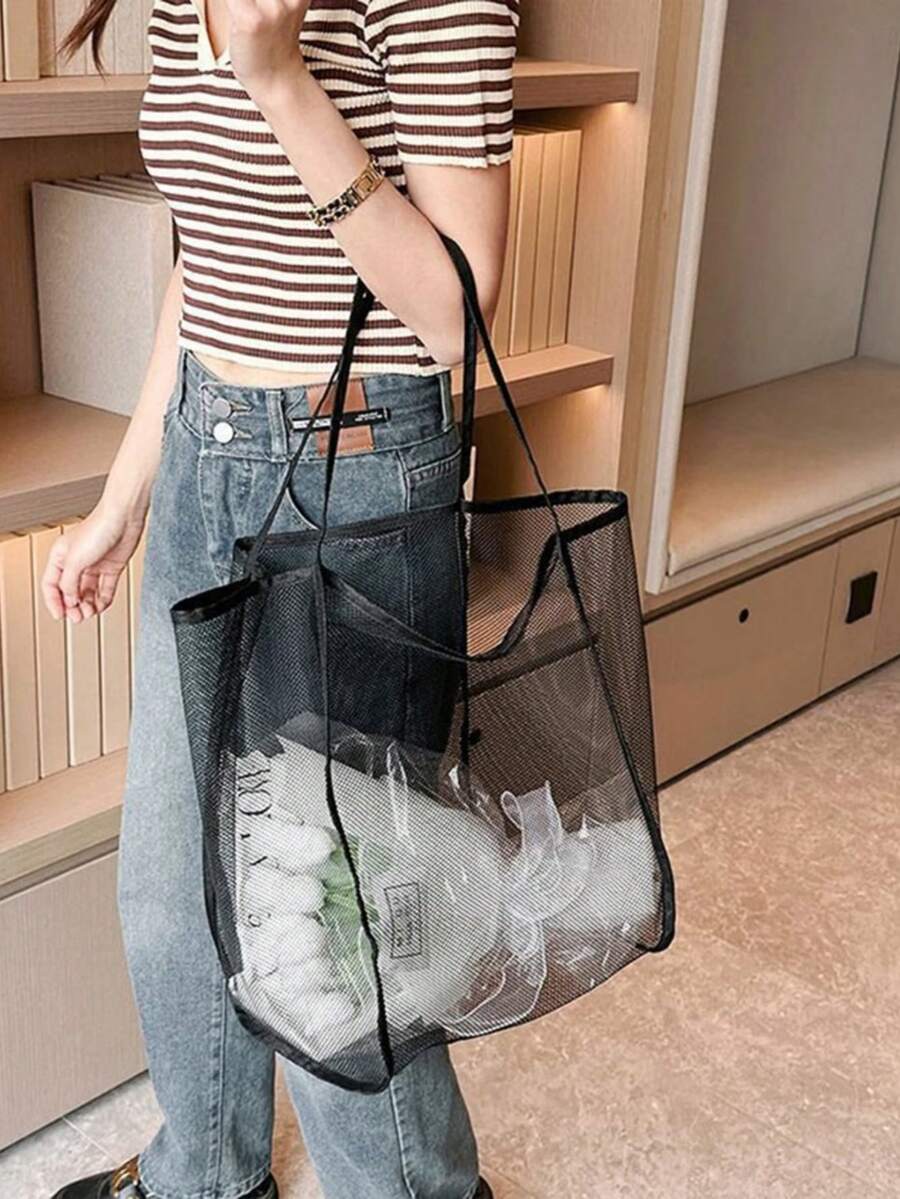 1 buah Tas Tote Pantai Jaring Kapasitas Besar - Poliester Tahan Lama, Warna Polos dengan Pegangan Kokoh, Cocok untuk Perjalanan, Pantai, Liburan, dan Berkemah, Tas Tote Pantai - MultiWarna - View 1