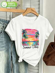 Casual And Soft Vintage Short-Sleeved T-Shirt With Sunset Palm Tree Print For Women, Ideal For Spring And Summer. - White - View 1