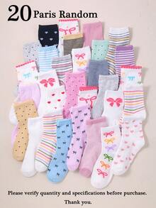 20 Pairs Girls Cute Bowknot Crew Socks, Sweet Balletcore Coquette Patterned Ankle Socks, Ribbed Knit Soft Casual Daily Socks Pack For Kids / Teens - Multicolor - View 20