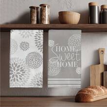 MEMNUN 2入灰色非洲菊幾何花卉「Home Sweet Home」印花廚房毛巾、抹布、手巾、洗碗布，15.75*23.62in(40*60cm)，超柔軟超細纖維現代廚房配件，可機洗，適用於餐廳、廚房、居家裝飾、禮物，四季皆宜 - 彩色 - 查看 1