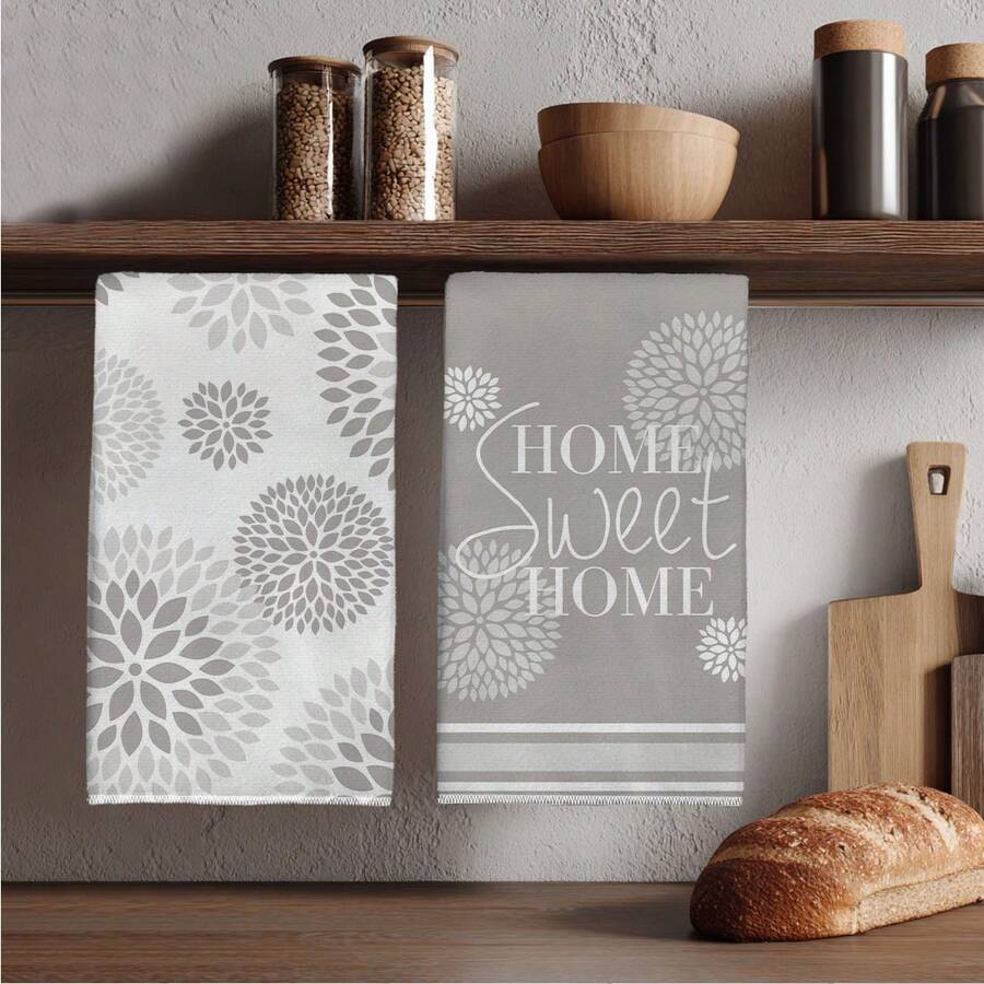 MEMNUN 2入灰色非洲菊幾何花卉「Home Sweet Home」印花廚房毛巾、抹布、手巾、洗碗布,15.75*23.62in(40*60cm),超柔軟超細纖維現代廚房配件,可機洗,適用於餐廳、廚房、居家裝飾、禮物,四季皆宜 - 彩色 - 查看 1