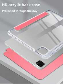 1pc Transparent Acrylic Tri-Fold Tablet Case With Watermelon Red Custom Text, Personalized Text Writing, Compatible With Mini6/Mini7/Air/Air2/9.7/10.2/10.5/Air4/Air5/10.9/Pro 11 Inch Models, High Transparency Acrylic Back Shell Full Coverage Anti-Bend Anti-Drop, Built-In Pen Slot, Tri-Fold Adjustable Stand, Magnetic Sleep/Wake, Personalized/Minimalist/Cute, Flip Tablet Case Tri-Fold Tablet Case, Product Does Not Include Pen, Some Models Equipped With Camera Frame - Watermelon Pink - View 5