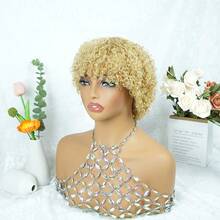 Blonde Perücke, lockige Perücke, 100% Echthaarperücke, 4 Zoll flauschiger Kurzhaarschnitt Pixie-Schnitt Perücke ohne Klebstoff mit Pony, Rosennetz-Hut zum Anziehen und Gehen, geeignet für Alltag und besondere Anlässe - S27 - Übersicht 4