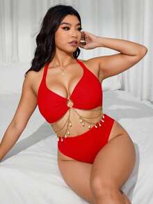 Plus Size Women's Underwire Bikini Set For Beach Vacation - 紅色的 - 查看 1