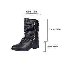 1 par de botas plegables plisadas populares con hebilla de moda, planas y cómodas, de unicolor, estilo occidental casual, de cuero de microfibra, hasta la pantorrilla, para fiestas de vacaciones, otoño e invierno - Negro - Ver 7