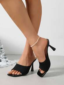Women's High Heel Sandals, Solid Color Fabric Wide Strap Slip-On Square Toe Stiletto Heel Sandals, Casual Fashion Comfortable Versatile Shoes For Street, Date, Commute, Party - Black - View 4