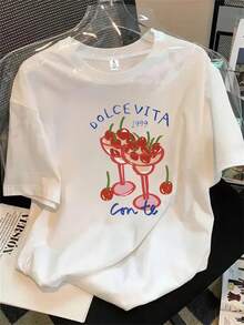 Top de mujer de manga corta y cuello redondo con estampado de dos pares de vasos llenos de cerezas, apto para todas las estaciones. - Blanco - Ver 1