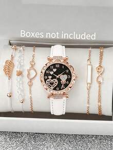 6pcs/Set Women's Casual PU Leather Strap And Leaf Bracelet Set, Fashion Minimalist Metal Round Watch, Suitable For Teacher's Day, Thanksgiving, Mother's Day, Valentine's Day, Students, Graduation, Birthday, Gift, Back To School Gift, Christmas Gift, Halloween Graduation Gift, School Events And More. - Multicolor - View 3