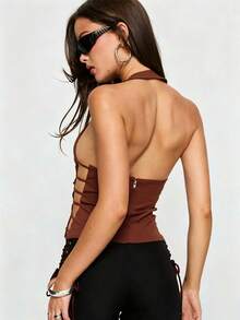 Womens Rivets Studded Halter Neck Plunge Cami Top Self-Tie Spaghetti Straps V-Neck Cut Out Front Crop Tank Top Camisole Vest Y2K Streetwear Party Tops - F217030-棕色 - 查看 5