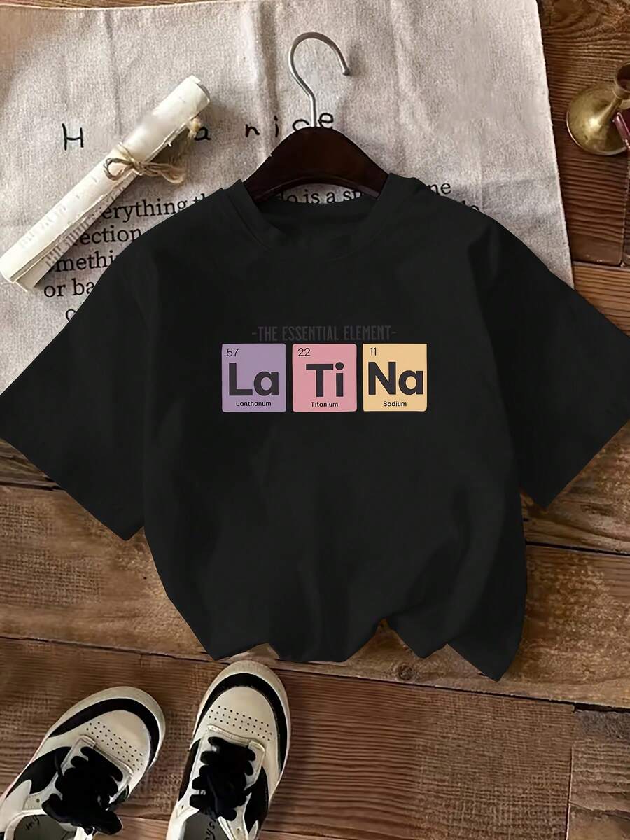 Minimalist. 100% Cotton. 1 Piece. Women's Casual Summer T-Shirt With Basic Print - Soft Pink, Short Sleeve, Round Neck, Lightweight And Breathable, Casual Wear. | Playful Print | Relaxed Fit. Spring/Summer Top. - 黑色 - 查看 1