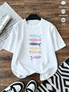 Women's Cute Fish Graphic Print White T-Shirt, Short Sleeve Round Neck Drop Shoulder Top, Casual & Fashionable Knitted Fabric Tee - White - View 5