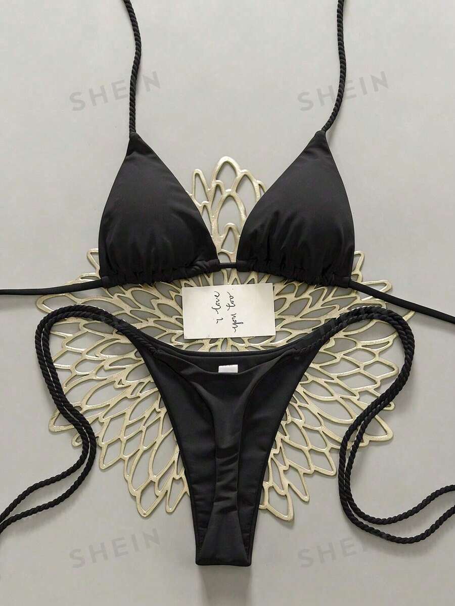 2件組純色性感繫帶比基尼,可正反穿扭繩設計,夏季度假海灘黑色 - 黑色 - 查看 1