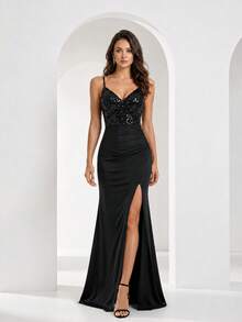 YISIKADO Vestido de noche para mujer con lentejuelas, tirantes finos, espalda descubierta, espalda cruzada, abertura y bajo de cola de pez, para fiesta y boda, color negro - Negro - Ver 3