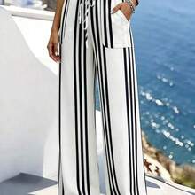 Pantalones casuales de cintura elástica de alta calidad con rayas, pantalones anchos para mujer, adecuados para vacaciones, salidas, Y2K, primavera, verano, vuelta al colegio, casual, playa, negocios, versátiles, pantalones casuales color albaricoque para mujer, pantalones rectos a rayas para mujer - Albaricoque - Ver 7