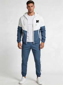 1 Set Men's Colorblock Hooded Sports Outfit, Letter N Print Zip-Up Jacket And Joggers, 2-Piece Casual Sportswear Set - Blue - View 7