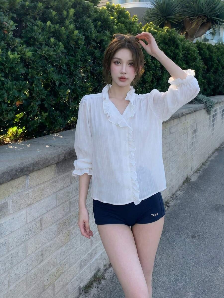 优雅复古法式风荷叶边衬衫,女士长袖衬衫,白色,适合办公室穿着,秋冬春季 - 白色 - 查看 1