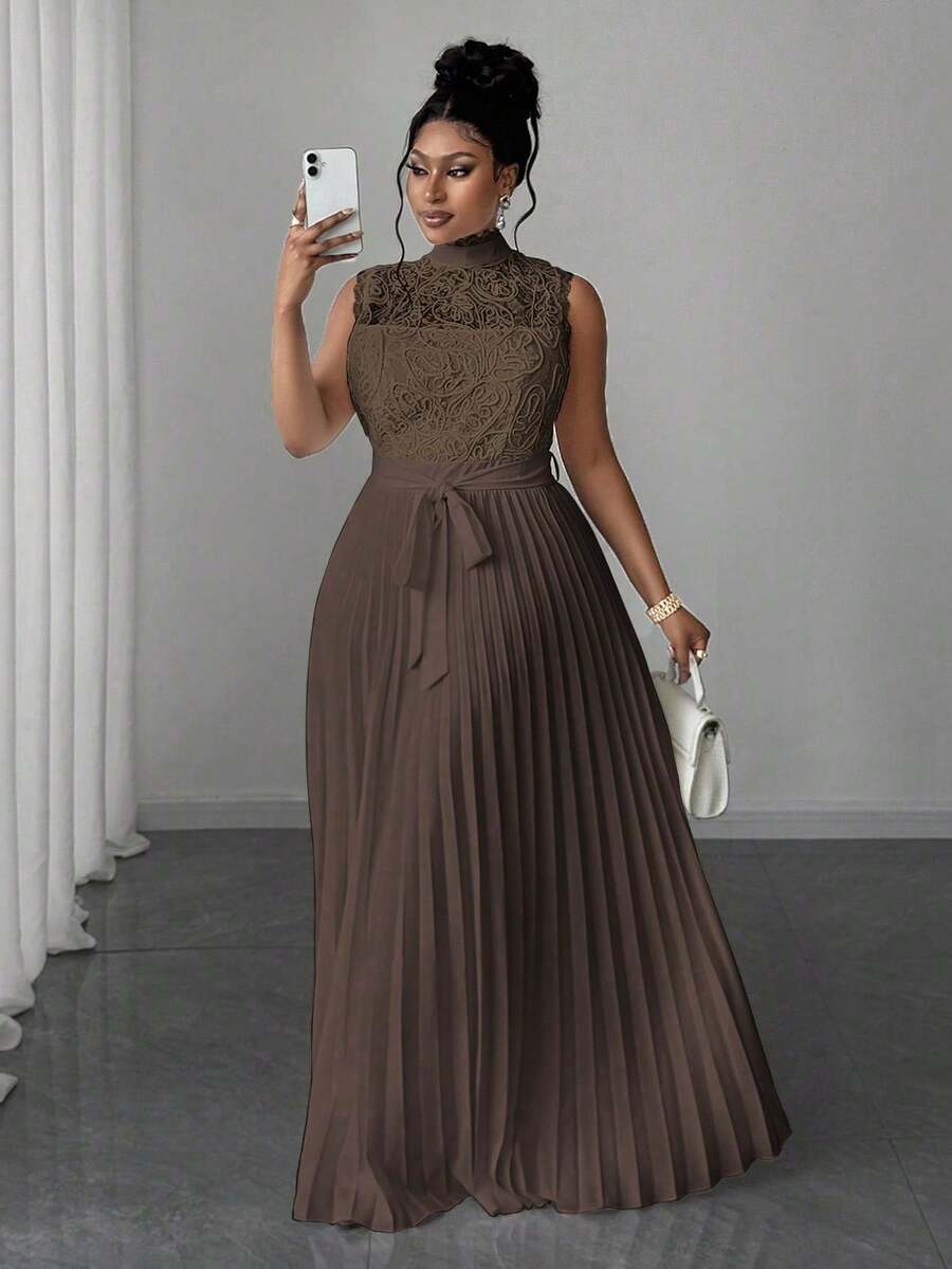 Maweii Vestido elegante de mujer talla grande con cuello mao, sin mangas, con cintura plisada y encaje - Marrón - Ver 1