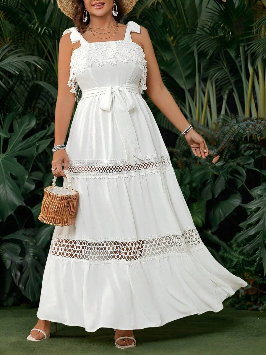 Clasi Vestido blanco de talla grande para mujer con ajuste regular, adornos de encaje y lazo en la parte delantera, ideal para vacaciones de primavera/verano, San Patricio, festivales, primavera y estilo bohemio - Blanco - Ver 1