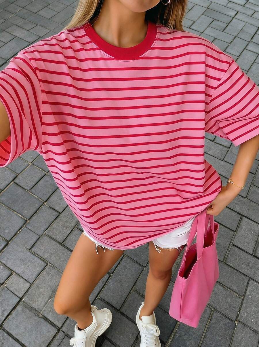 宽松版型短袖T恤,女士夏季休闲度假装 - 玫紅色 - 查看 1