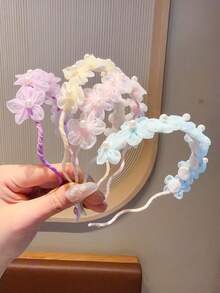 1件女款甜美花卉珍珠髮箍，網紗花朵裝飾細髮圈，優雅日常與派對髮飾 - 彩色 - 查看 2