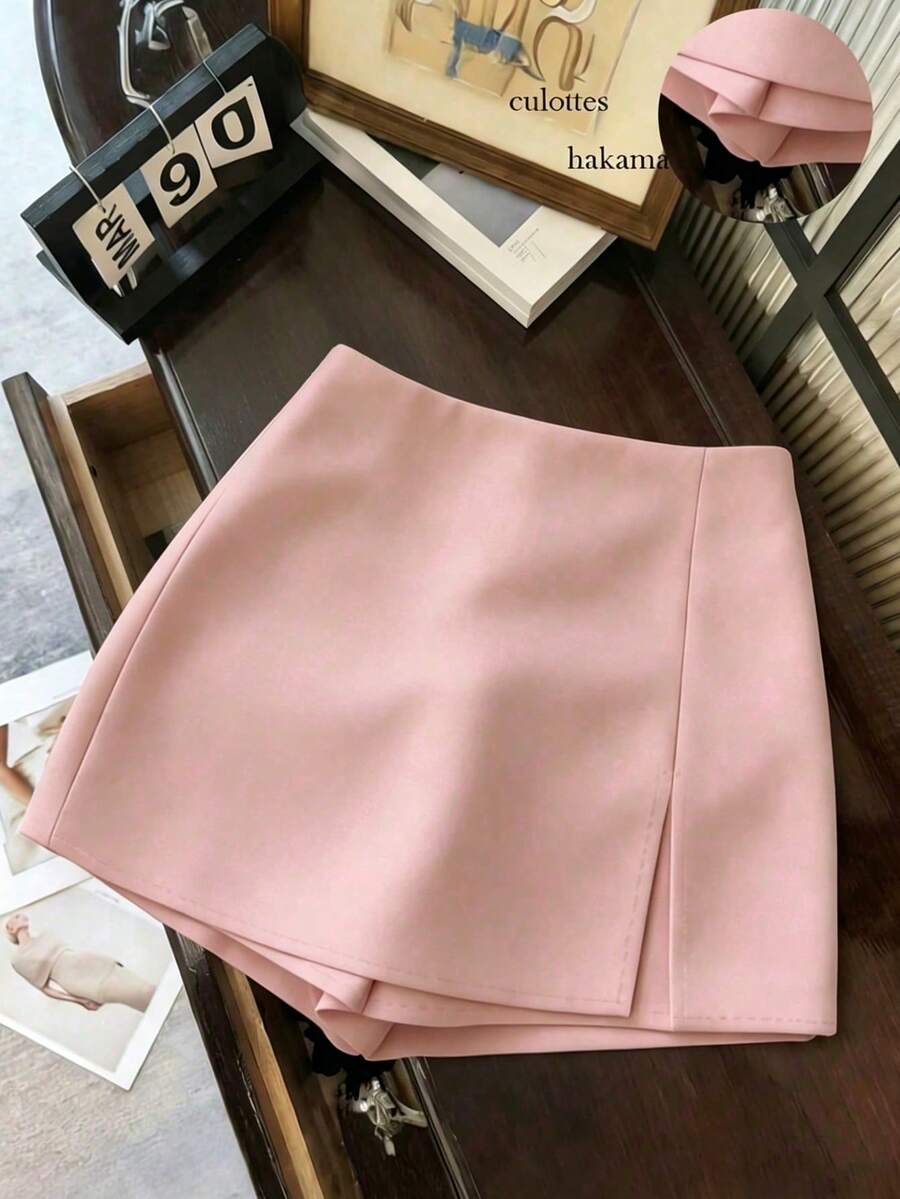 Women's High-Waisted Shorts/Skirt/Culottes Made Of Soft, Textured Fabric With A Slit, Versatile For Work Or Casual Wear, In Grey, For Spring/ - 粉色 - 查看 1