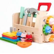 1 Set Wooden Children's Tool Box Toy, Realistic Nut & Bolt Assembly Combination With Hammer, Wrench, Gears, Natural Wood Tool Workbench, Early Education Puzzle Toy To Develop Hands-On Ability - Multicolor - View 3