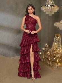 Women's Bodycon Mermaid Handmade 3D Floral Sequin Asymmetric Shoulder A-Line Sexy Dress, Adjustable Backstrap, Elegant Luxury Long Gown, Suitable For Party, Graduation, Wedding, Banquet, Formal Dance, Wedding Guest Dress, Evening Dress - Redwood - View 4