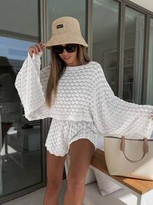 Dresses For WomenSylvia Women's Summer Hollow Out Sheer Flare Sleeve Boat Neck Loose Breathable Knit Fabric Knit Top And Shorts Two Pieces Set, Relaxe - 白色 - 查看 1