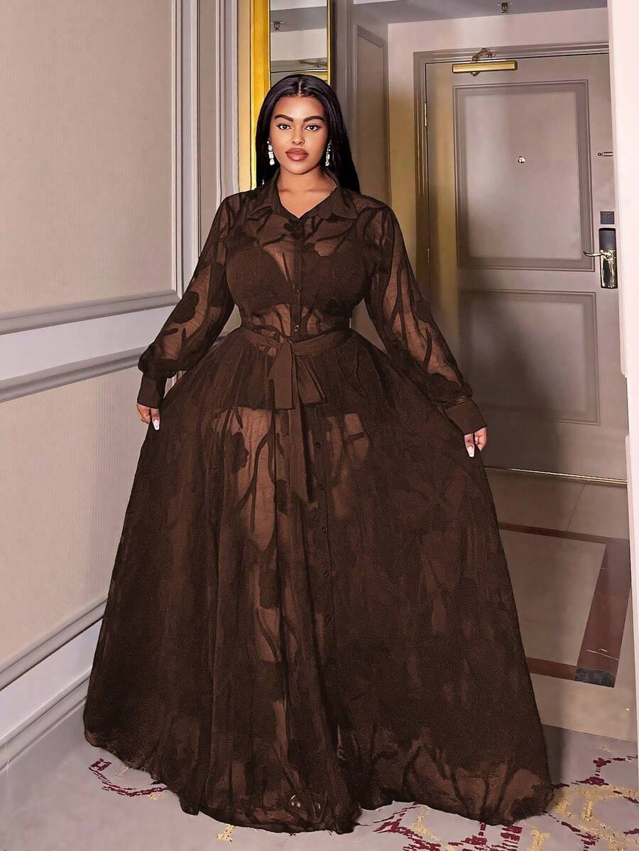 Maweii Vestido elegante y sexy de talla grande con estampado jacquard y transparencias - Marrón - Ver 1