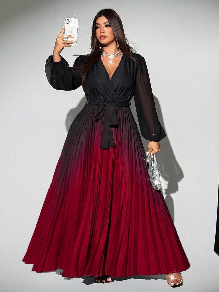 Viva Relle Vestido plisado con cuello cruzado, mangas transparentes y cinturón con lazo en estilo degradado para mujer de talla grande.Diseño versátil para fiestas, reuniones y salidas - Multicolor 4 - Ver 1