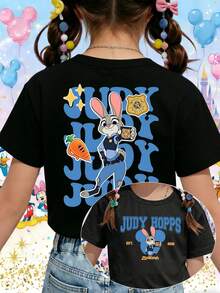 Disney Zootopia Judy Hopps Badge Retro Typography Printed Pattern T-Shirts For Girls - Children's Clothing Design Short-Sleeved Casual And Cute Style Comfortable And Casual Wear All Year Round Suitable For Parties And Play Machine Washable Gift Children's Clothing Girls' Short-Sleeved Shirts - màu đen - Xem 1