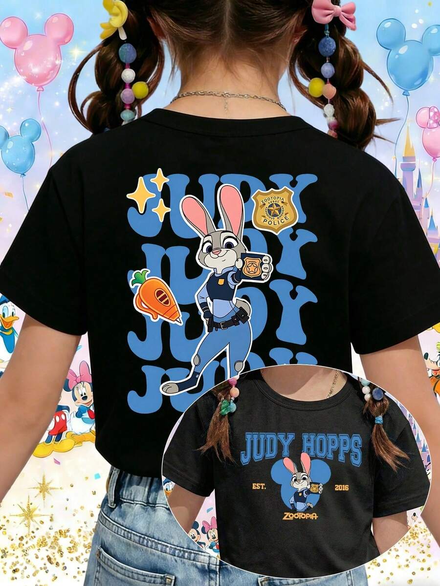 Disney Zootopia Judy Hopps Badge Retro Typography Printed Pattern T-Shirts For Girls - Children's Clothing Design Short-Sleeved Casual And Cute Style Comfortable And Casual Wear All Year Round Suitable For Parties And Play Machine Washable Gift Children's Clothing Girls' Short-Sleeved Shirts - màu đen - Xem 1