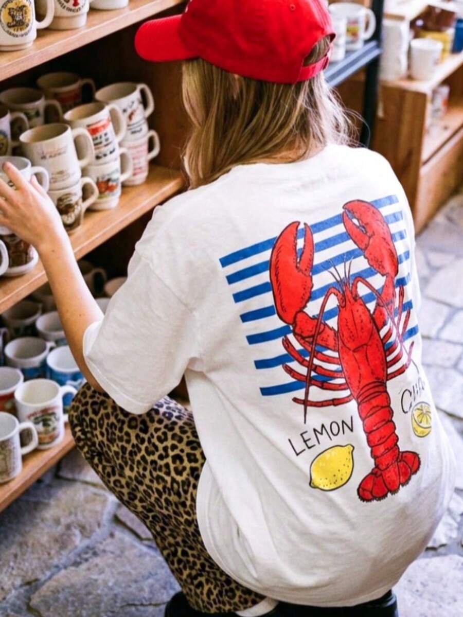 Women's Casual T-Shirt With Retro Lobster And Lemon Graphic Print, Vintage Style, Short Sleeve, Round Neck, Y2K Aesthetic, Summer Fashion, Coastal Style, Lightweight, Breathable And Comfortable For Daily Wear, Ideal For Beach Holidays, Seafood Festivals, Coastal Getaways, Brunch, Coffee Dates, Summer Vacation, Gift For Ocean And Seafood Lovers. - 白色 - 查看 1