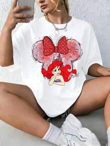 Disney Summer Women's Ariel Mickey Bow Castle Pattern Princess Loose Pure Cotton Casual Vacation Short Sleeve T-Shirt - 白色 - 查看 1
