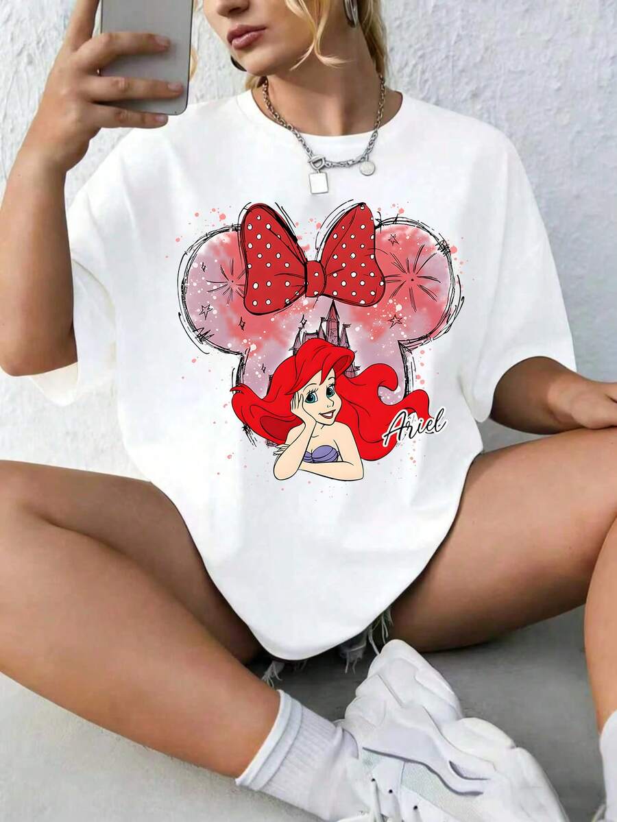 Disney Summer Women's Ariel Mickey Bow Castle Pattern Princess Loose Pure Cotton Casual Vacation Short Sleeve T-Shirt - 白色 - 查看 1