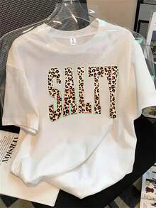 Top de mujer de manga corta y cuello redondo con estampado de leopardo, apto para todas las estaciones. - Blanco - Ver 1
