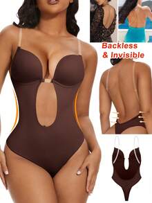 Backless Women Shapewear Bodysuit Built-In Bra U Plunge Tummy Control Shaper Thong Corset Lingerie Underwear Invisible Deep V Bras Under Wedding Dress - 巧克力棕 - 查看 1