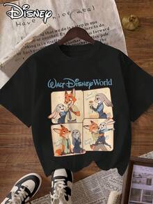 Disney Zootopia Judy & Nick Comic Graphic T-Shirt Oversized Ultra Loose 100% Cotton For Women, Fashionable Versatile Design Easy To Match Any Outfit - 黑色 - 查看 1