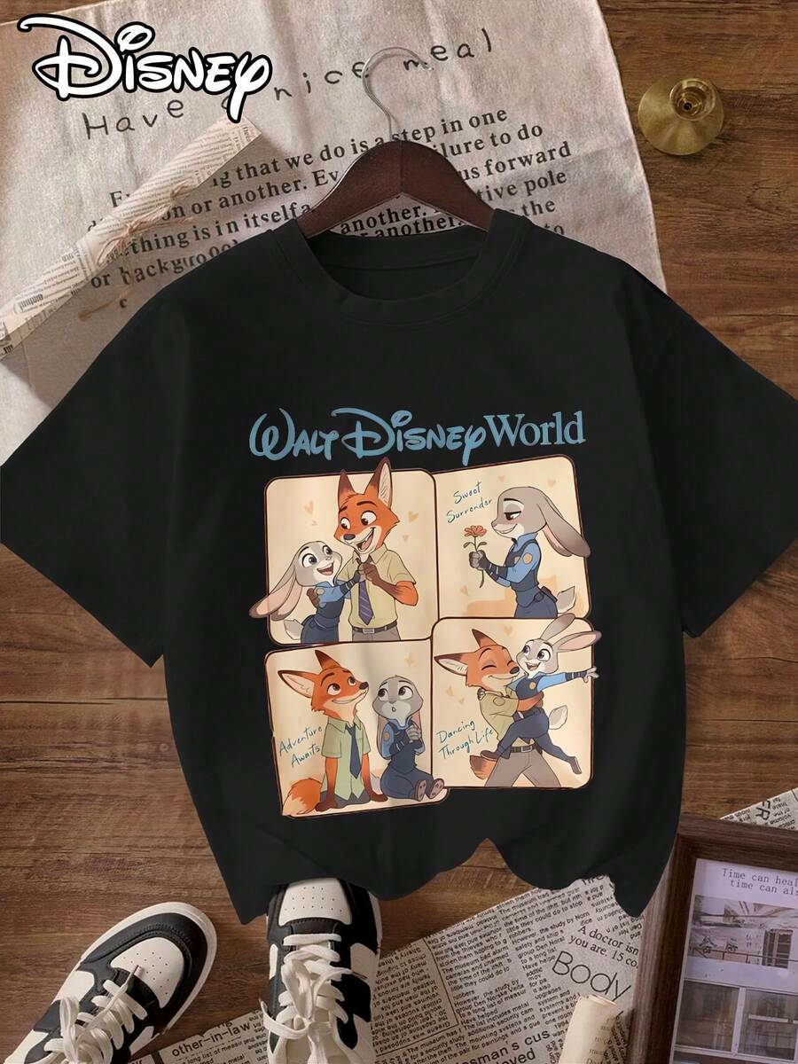 Disney Zootopia Judy & Nick Comic Graphic T-Shirt Oversized Ultra Loose 100% Cotton For Women, Fashionable Versatile Design Easy To Match Any Outfit - 黑色 - 查看 1