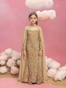 Tween Girl Hooded Cloak Sequin Patchwork Chiffon Fishtail Hem Party Dress - Champagne - View 5
