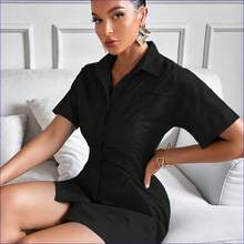Vestido elegante de manga corta con cuello plegado de unicolor para mujer - Caqui - Ver 10
