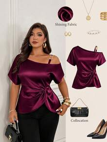 Plus Size Regular Length Shirt, Made Of Non-Stretch Fabric, Off-Shoulder Design, Short Sleeve Style, Suitable For Any Occasion - Burgundy - View 1