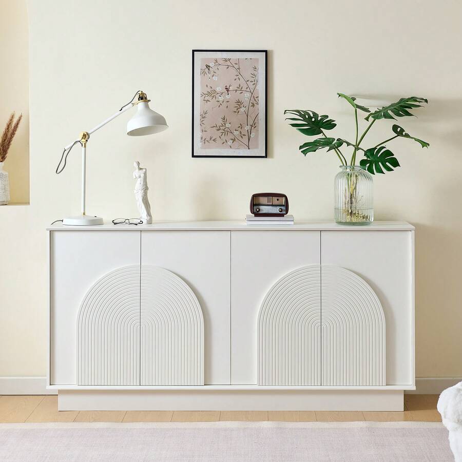 Modern White Sideboard With Curved Doors – 4-Door Storage Unit For Living And Dining Room, MDF Construction With Matte Finish, Stylish And Functional Storage Solution, 160 Cm - 白色 - 查看 1
