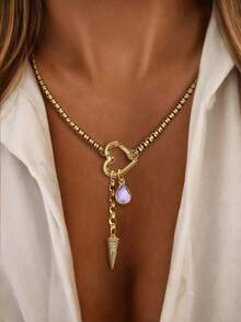  1PC Gold HeartBuckle With Multi Droplet-Shaped Pendant Necklace, Lock Droplet Diamond Chain,Luxury Style For Ladies' Exquisite Holiday Party Gift - Yellow Gold - View 8